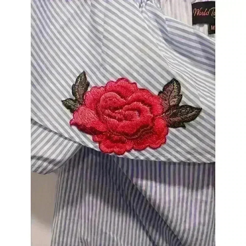 World Together Roses Crop Top MEDIUM Blue White Striped Embroidered Roses Ruffle - Picture 9 of 10